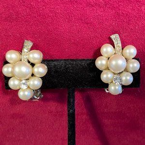 Vintage Faux Pearl & CZ Grape Shaped Clip Earrings